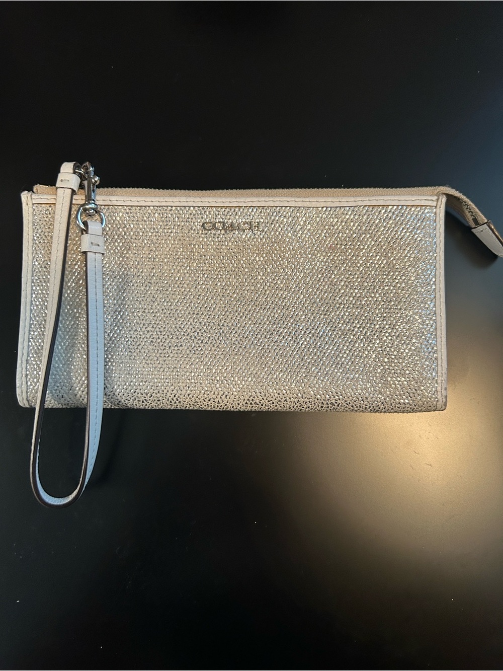 Coach Glittery silver Wristlet with Cream Trim and Strap
